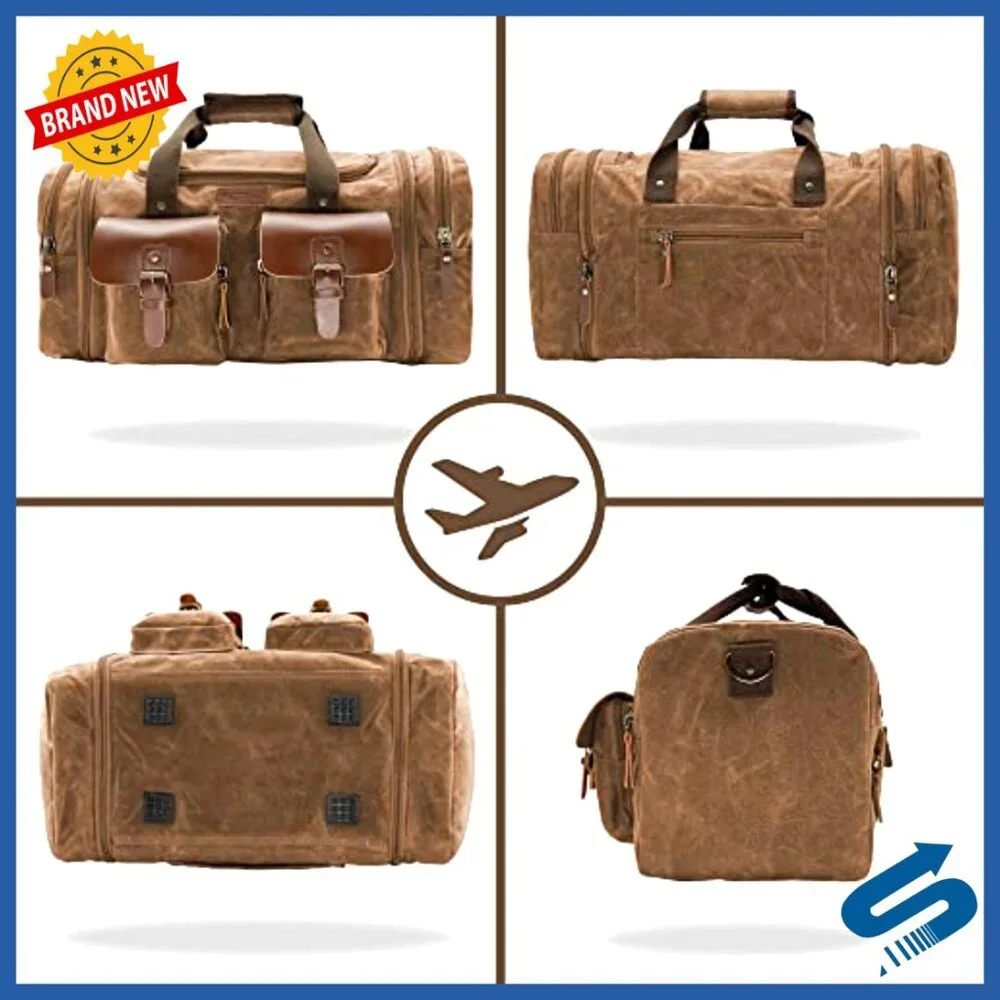 Vintage Waxed Canvas Leather Travel Duffle Bag Waterproof Weekender Carry On